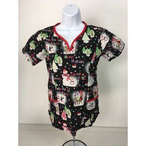 UA Scrubs Womens Scrub Top Size S Black with Penguins Reindeer Snowmen Holidays